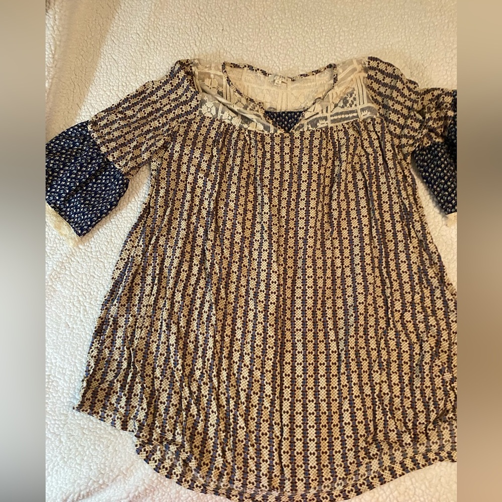 Umgee Cream and Blue Patterned dress